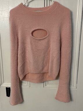 Sweet Rain Blush Pink Fuzzy Crewneck Sweater with Oval Front Cutout